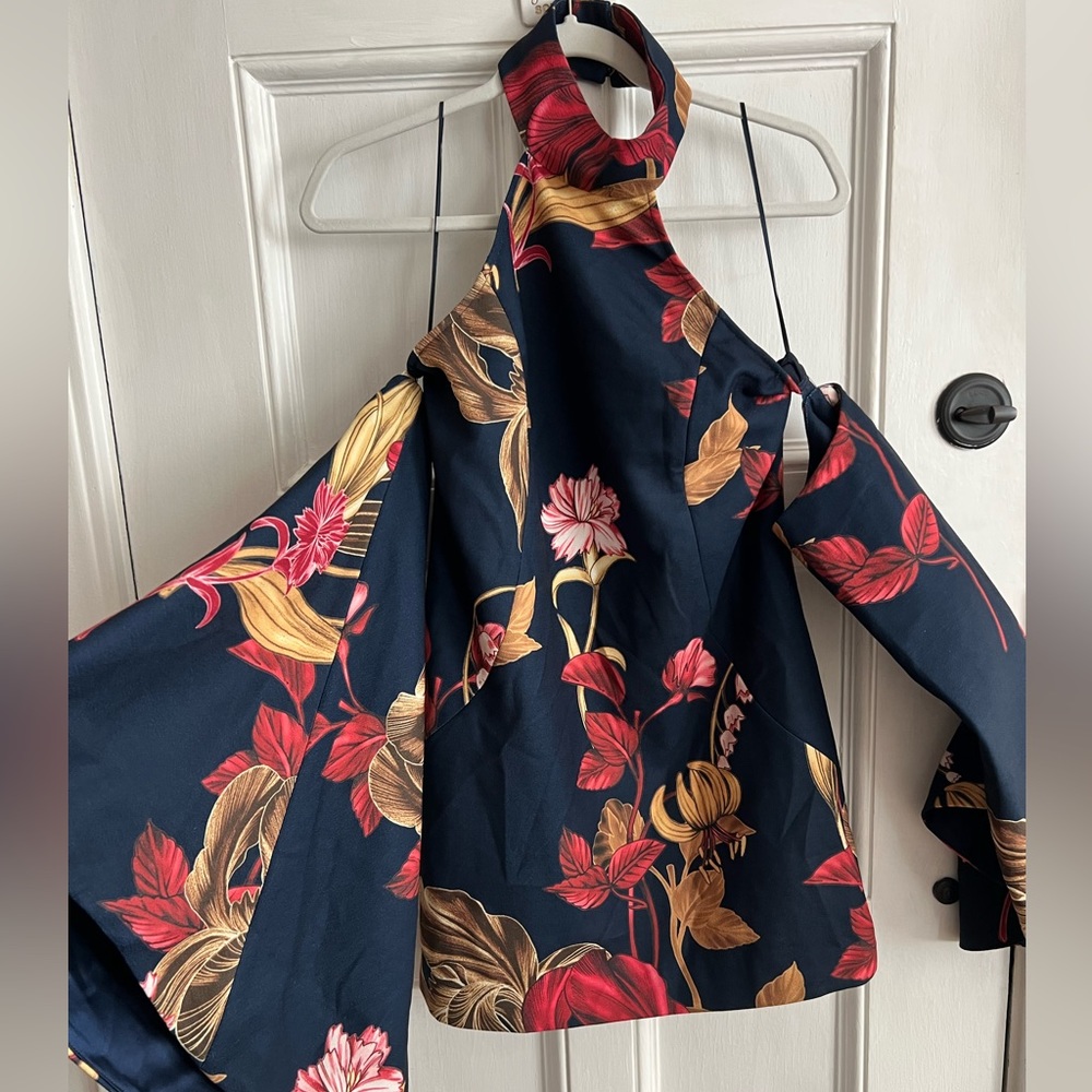 C/MEO Collective | Navy Botanical Mini Dress w/ Bell Sleeves - Size S